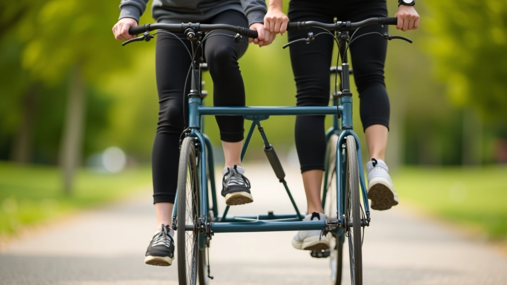 Dviratininkas ir keliauninkas tandeminiame dviratyje, parodant tinkamą pedalavimo poziciją ir koordinaciją